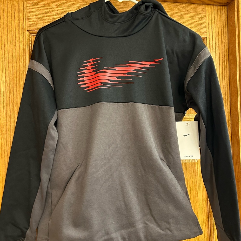 Boys large Nike hoodie. Gray and black with red Nike logo. NWT
